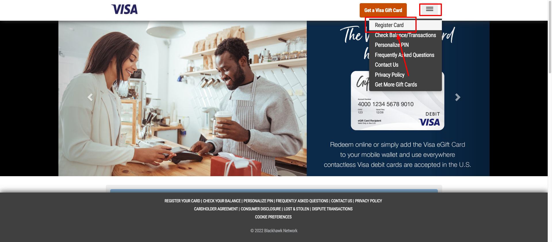 my gift card register page